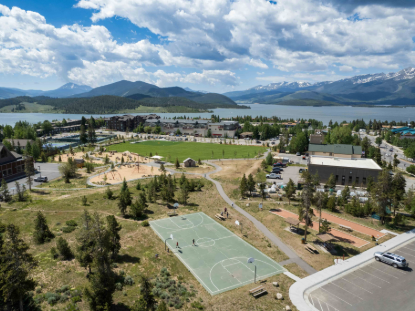 Aerial view of Town Park showcasing buildings, green spaces, and pathways.