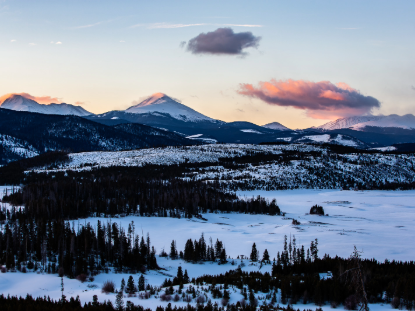 A snowy mountain range with evergreen trees blanketed in snow under a clear blue sky