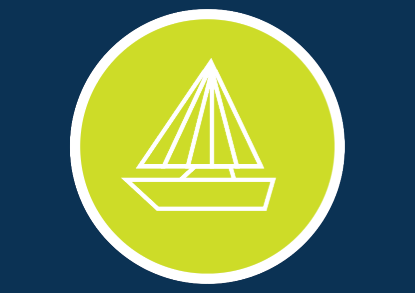 A sailboat enclosed in a circular shape with a white outline, symbolizing nautical themes and adventure