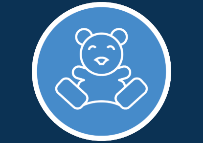 A teddy centered in a circle against a vibrant blue background