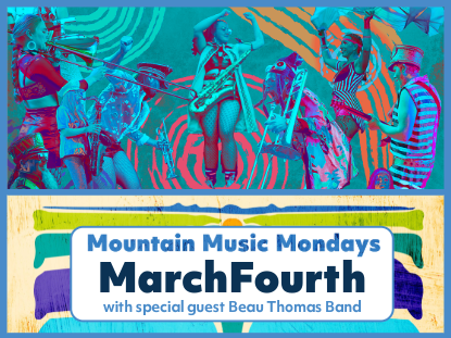Live performance of Mountain Music Mondays with MarchFourth entertaining the audience